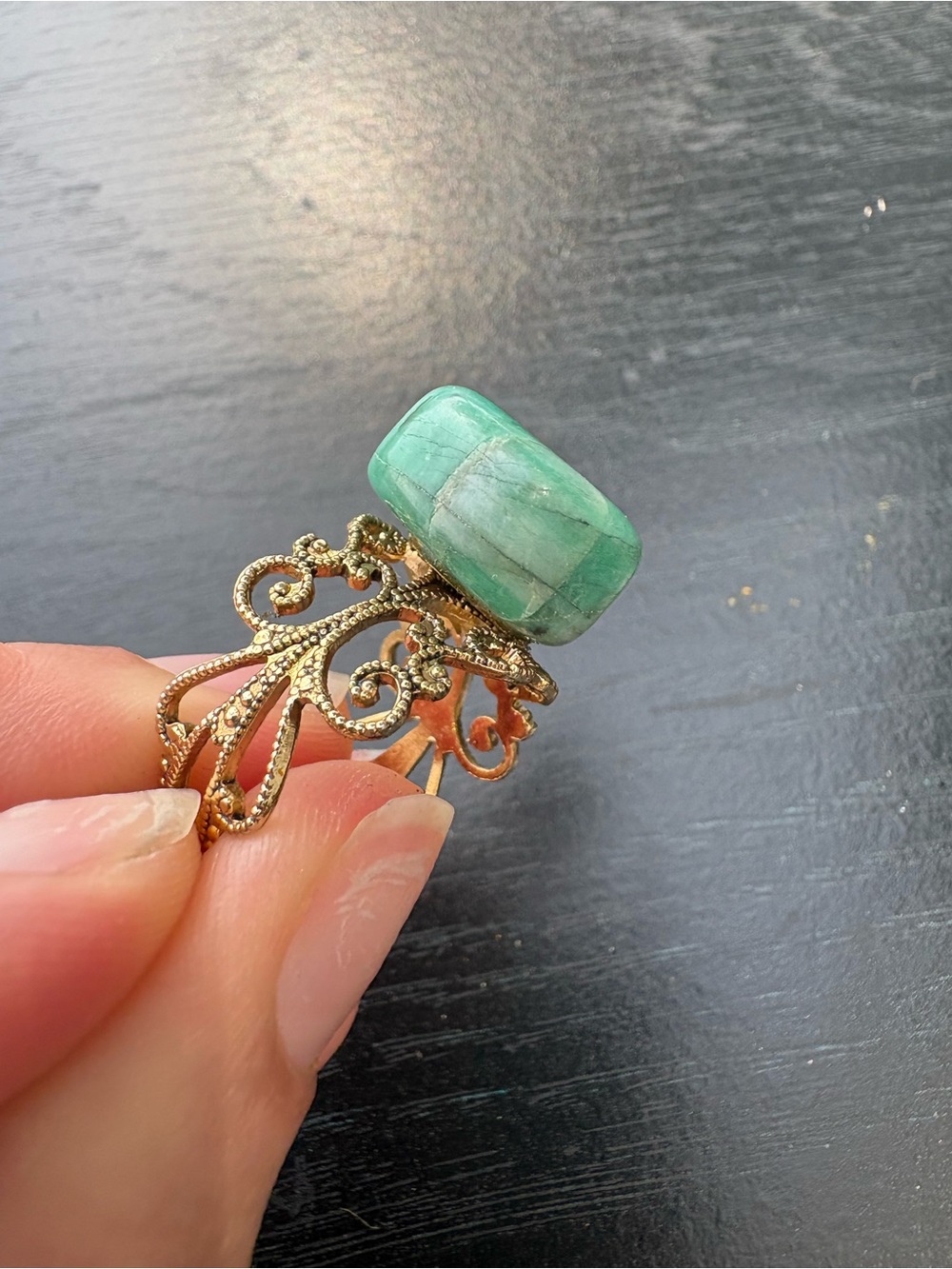Adjustable Gold-Tone Filigree Ring with Green Gemstone - Picture 8 of 11
